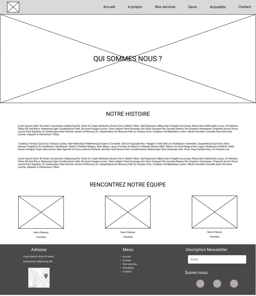 grayscale low-fidelity wireframe of an about page .