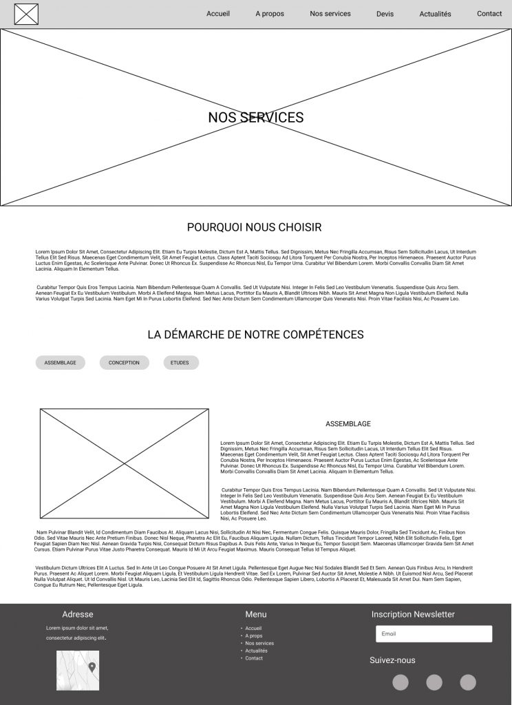 grayscale low-fidelity wireframe of a services page.