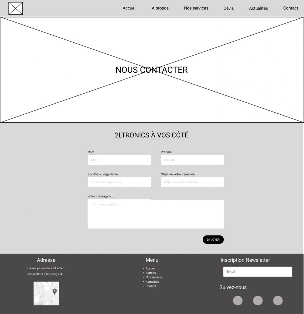 grayscale low-fidelity wireframe of a contact page.