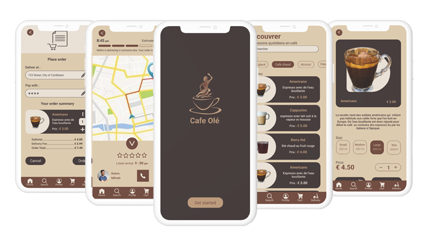 A mobile mockup of a design for coffee delivery app.
