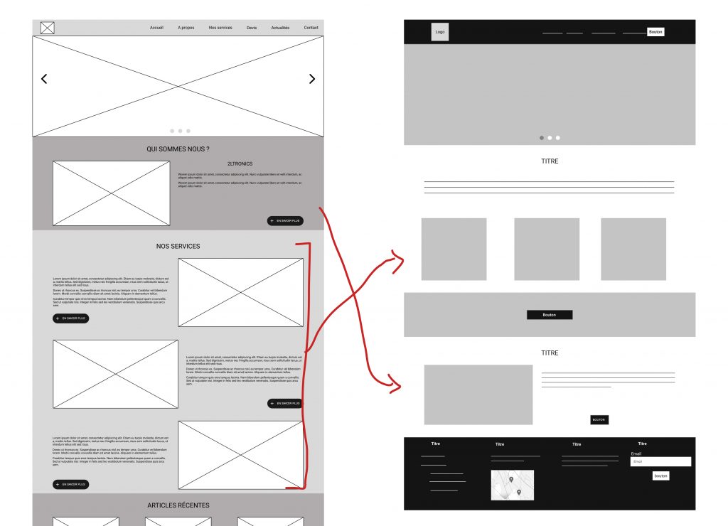 grayscale wireframe with arrows poitning to the changes made after user findings.