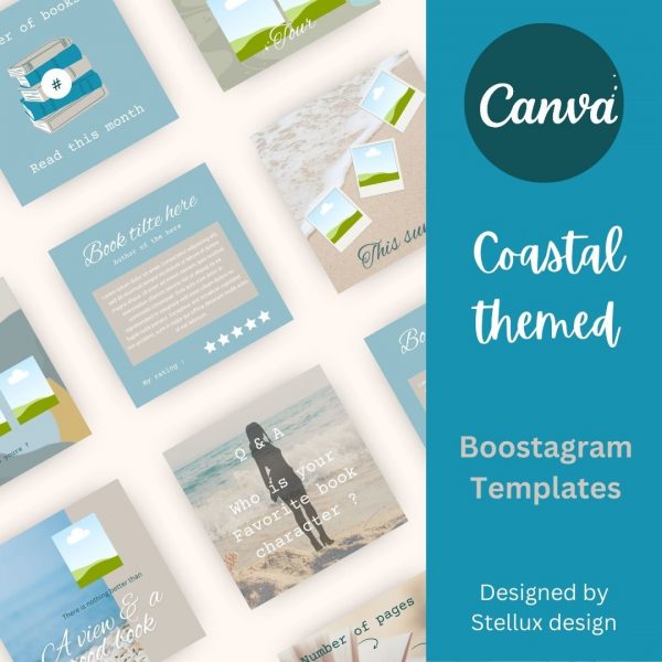 Coastal themed bookstagram mockup made in canva